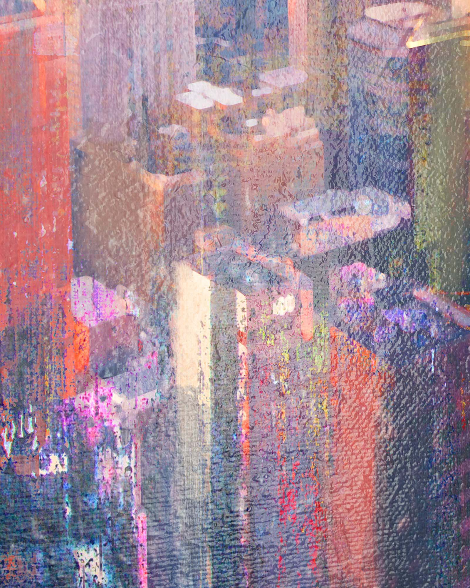 Close-up of New York cityscape painting showing abstract skyscrapers and vibrant light effects in mixed media