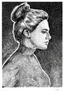 Black ink portrait drawing for sale by Dario Moschetta – elegant female profile with high contrast and detailed cross-hatching on paper