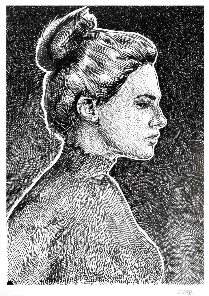 Black ink portrait drawing for sale by Dario Moschetta – elegant female profile with high contrast and detailed cross-hatching on paper