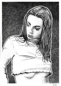 Female ink portrait drawing for sale by Dario Moschetta – expressive woman looking down, detailed cross-hatching on paper