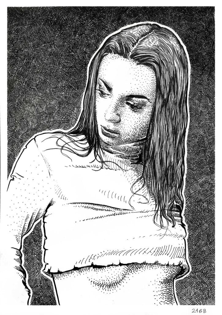 Female ink portrait drawing for sale by Dario Moschetta – expressive woman looking down, detailed cross-hatching on paper