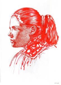 Red ink portrait drawing for sale by Dario Moschetta – expressive side profile of a woman, contemporary figurative artwork on paper