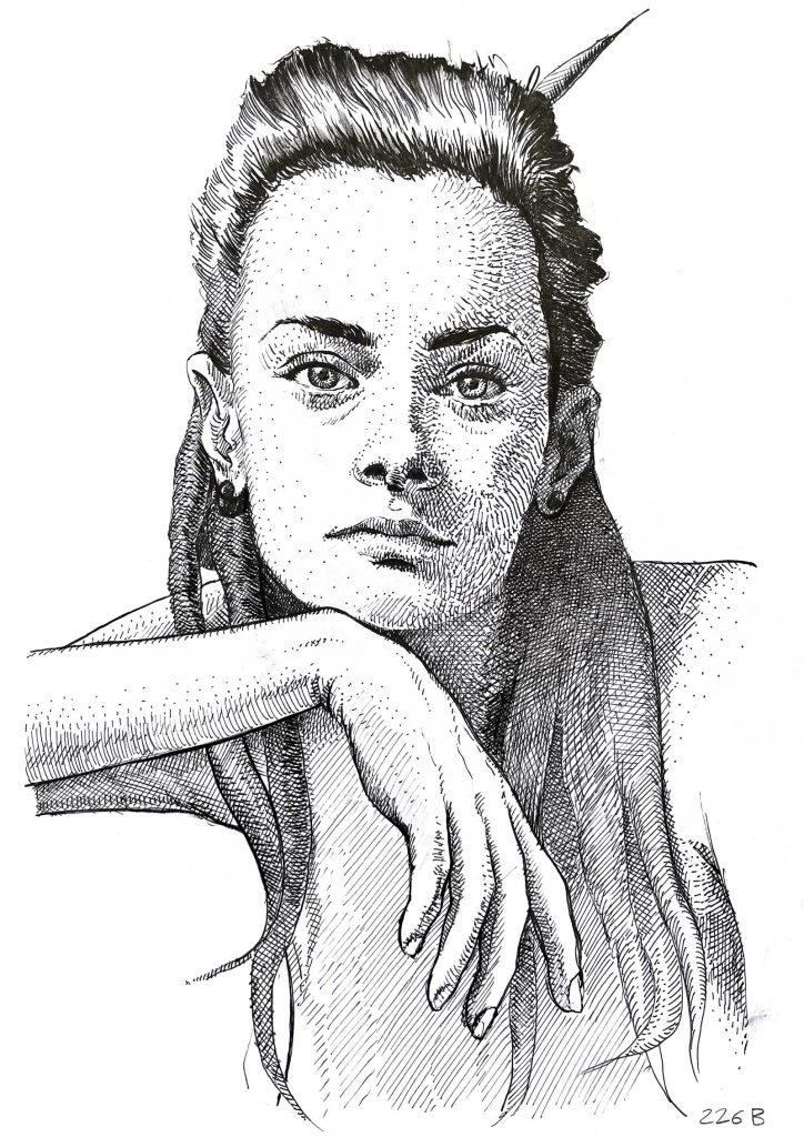 female portrait ink drawing – original handmade artwork by Dario Moschetta