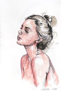 Female ink and watercolor portrait on paper by Dario Moschetta – A4 original artwork