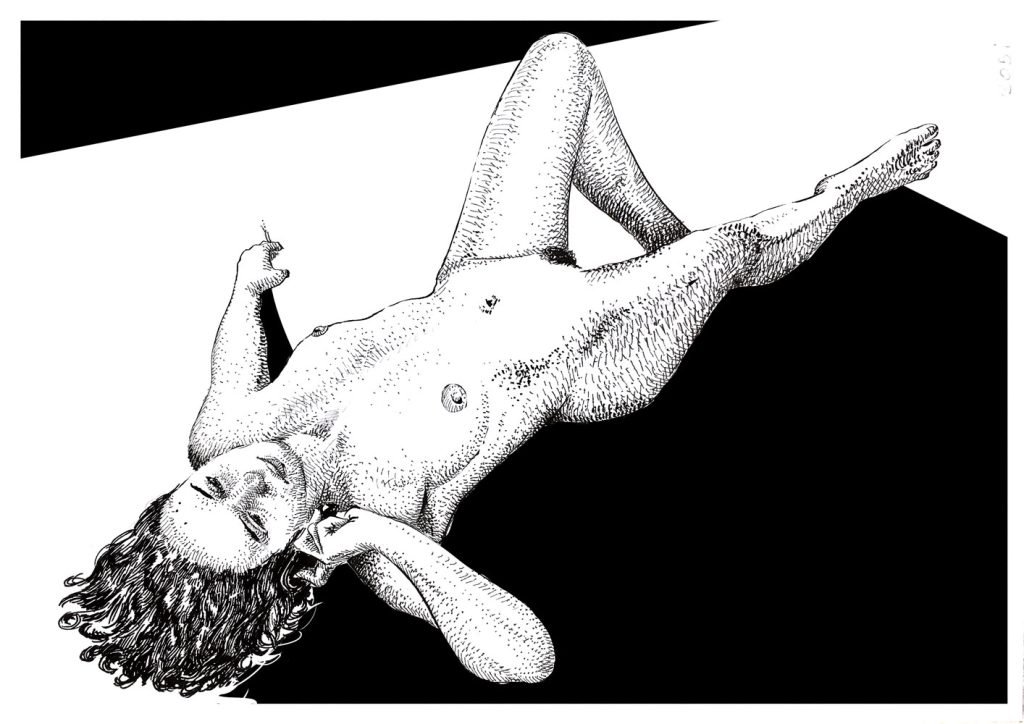 Female nude ink drawing on white background, featuring a reclining woman in detailed black linework by Dario Moschetta