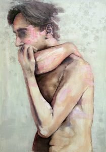 Contemporary male nude portrait painting, acrylic and pastel on canvas, 100x150 cm – Dario Moschetta