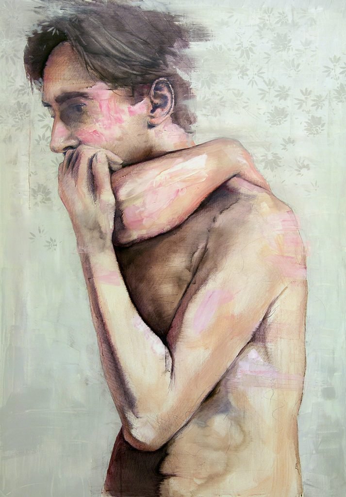Contemporary male nude portrait painting, acrylic and pastel on canvas, 100x150 cm – Dario Moschetta