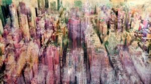 Textured cityscape with digitally painted organic shapes