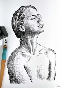 Morning Air contemporary female ink portrait on paper by Dario Moschetta