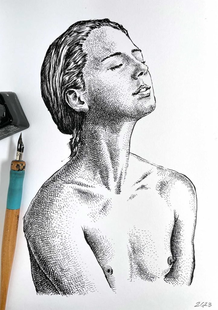 Morning Air contemporary female ink portrait on paper by Dario Moschetta
