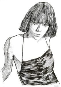 Female fashion ink portrait drawing on paper – original artwork by Dario Moschetta