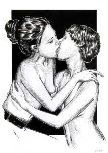 Erotic ink drawing for sale – “Loud Kiss” by Dario Moschetta, intimate nude couple in black ink on paper