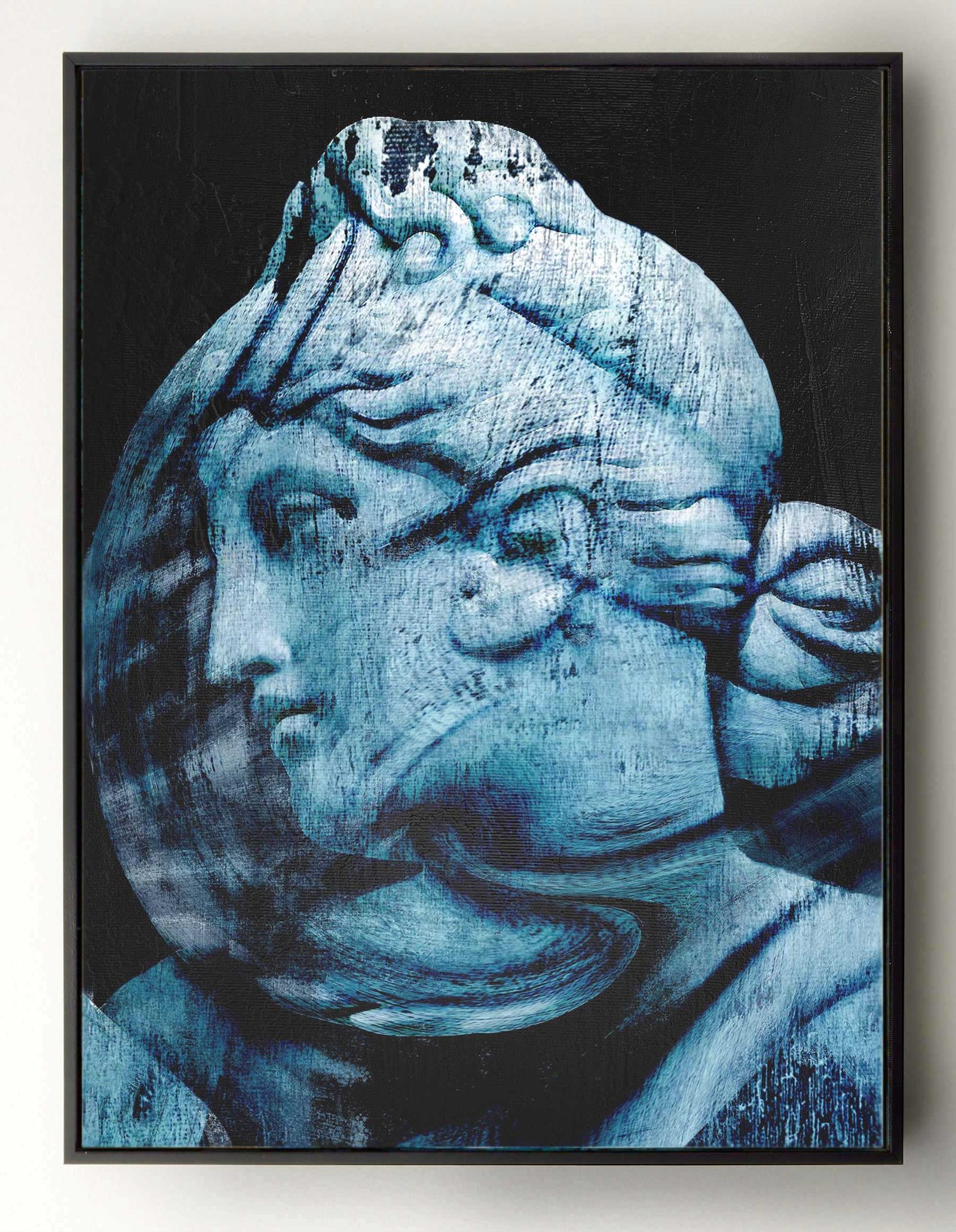 Surreal contemporary blue portrait blending classical sculpture and abstract forms – original mixed media canvas by Dario Moschetta on SaatchiArt