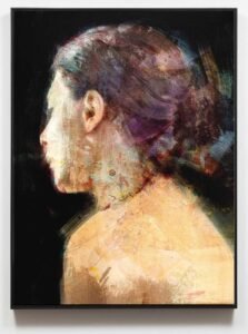 Female back portrait painting in mixed media with textured light on canvas – Dario Moschetta