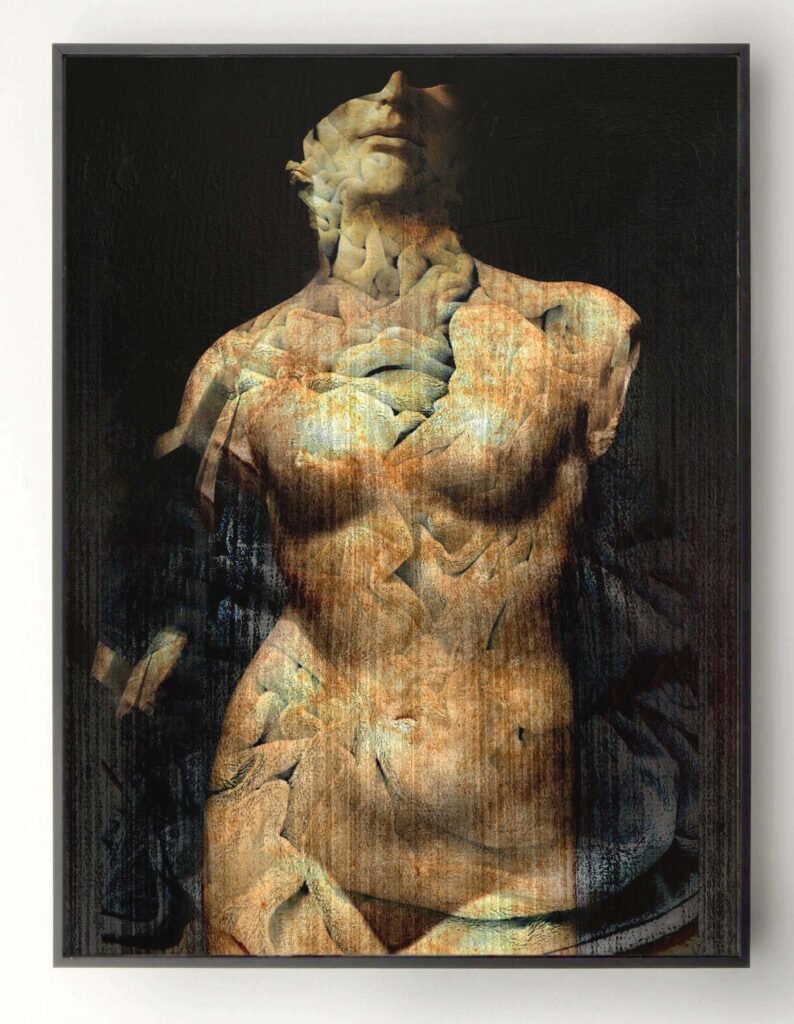 Ancient bust contemporary mixed media displayed in a modern interior setting by Dario Moschetta
