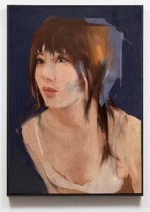 Mixed media female portrait painting titled She Speaks in Silence by Dario Moschetta – contemporary artwork on canvas