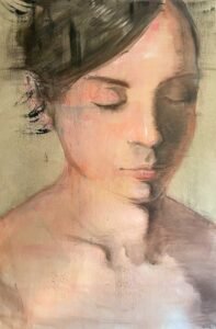 Contemporary female profile painting by Dario Moschetta, original mixed media artwork on canvas, soft tones and closed eyes portrait