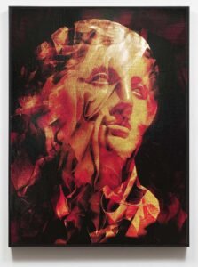 Crimson Echo – painting inspired by classical bust with expressive red tones by contemporary artist Dario Moschetta