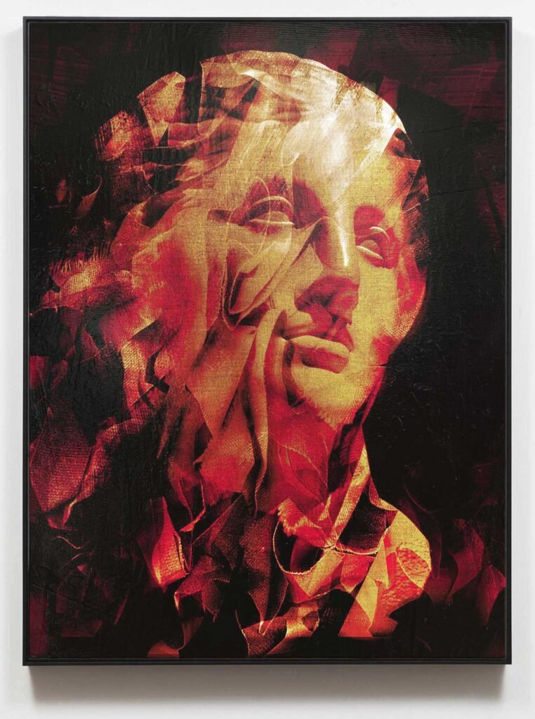 Crimson Echo – painting inspired by classical bust with expressive red tones by contemporary artist Dario Moschetta