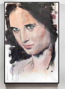 Emotive female portrait painting of Eva Green on canvas by Dario Moschetta – 100x150 cm, acrylic and pastel