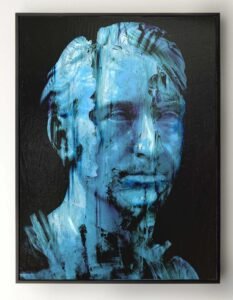 Frozen Gaze – contemporary bust painting in mixed media by Dario Moschetta, reinterpretation of a classical marble sculpture