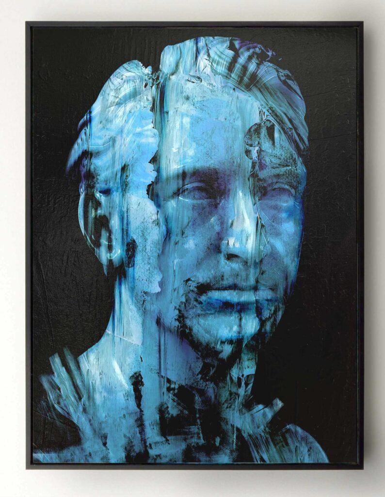 Frozen Gaze – contemporary bust painting in mixed media by Dario Moschetta, reinterpretation of a classical marble sculpture