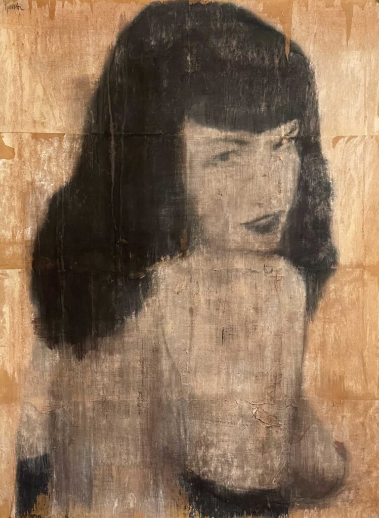 Bettie Page portrait painting – mixed media acrylic on paper mounted on canvas, 82x112 cm by Dario Moschetta
