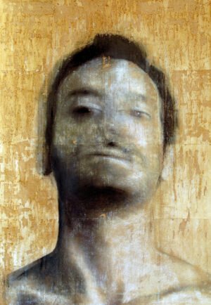 Expressive mixed media portrait of a man's blurred face on a textured ochre background, evoking introspection and time
