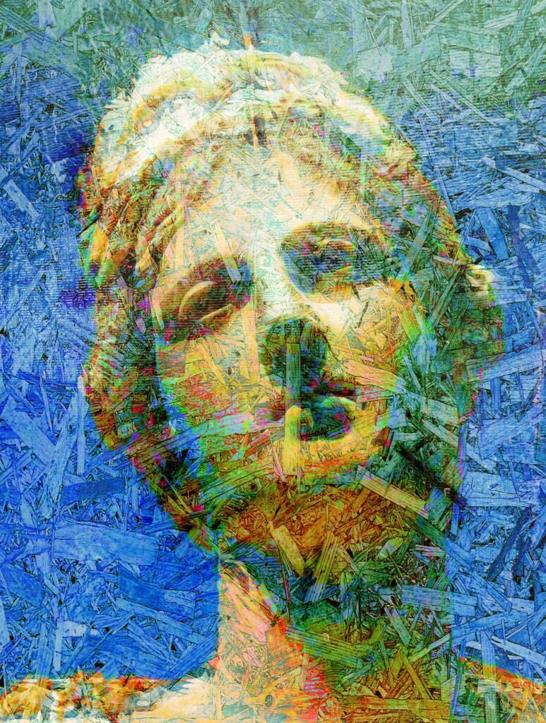 Remains of a Bright Dream – colorful painting of classical bust by Dario Moschetta
