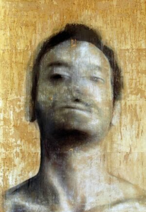 Figurative painting of a male face in acrylic on paper, mounted on raw canvas.