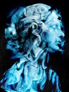 Abstract blue portrait of a woman's profile, with layered textures and flowing brush strokes.