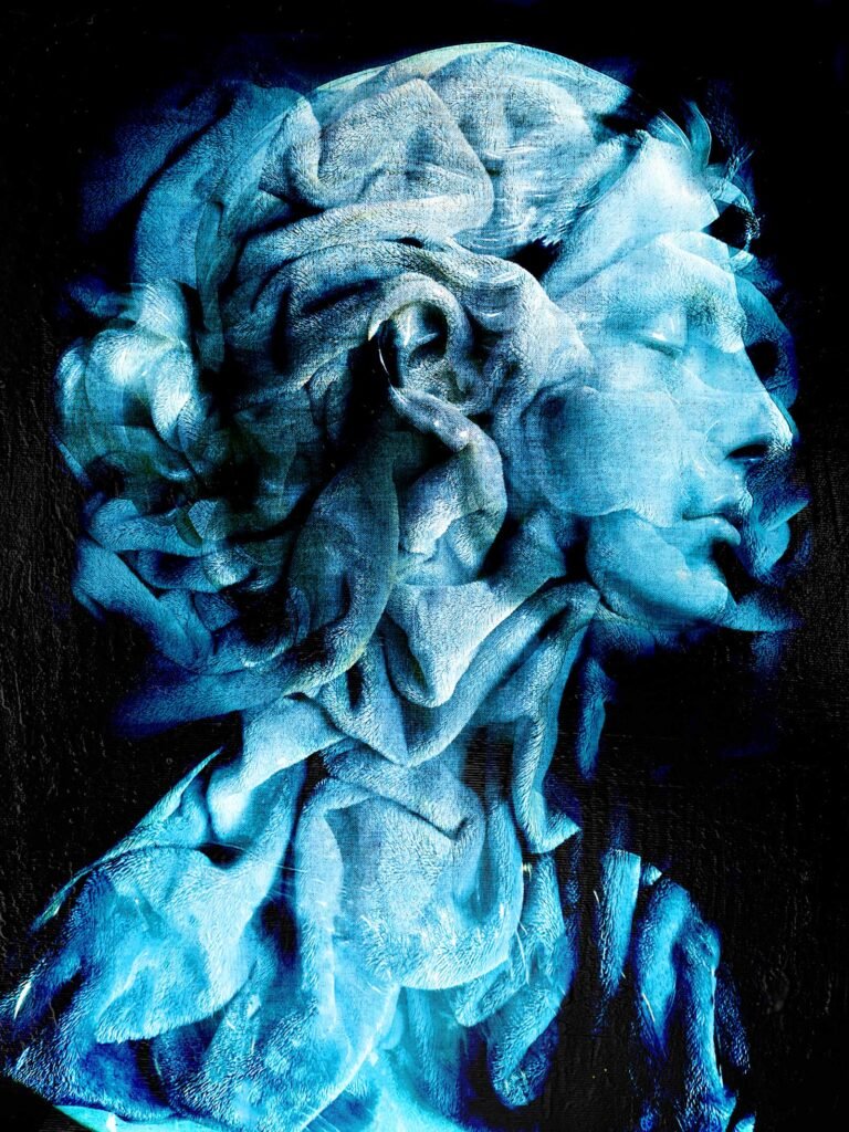Abstract blue portrait of a woman's profile, with layered textures and flowing brush strokes.