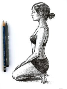 Seated female figure in profile drawn in black ink and pencil by Dario Moschetta – contemporary stippling technique on A4 white paper | Figura femminile seduta di profilo a inchiostro nero | Femme de profil assise dessinée à l'encre | Figura femenina de perfil sentada con tinta negra | Sitzende Frauenprofilzeichnung mit schwarzer Tinte