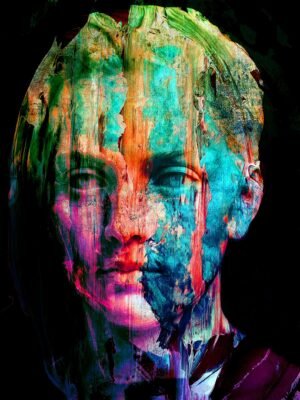 Mixed media painting of a female portrait with vibrant brushstrokes – artwork by Dario Moschetta