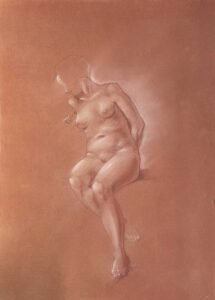 Reclining female nude drawing in red chalk by Dario Moschetta