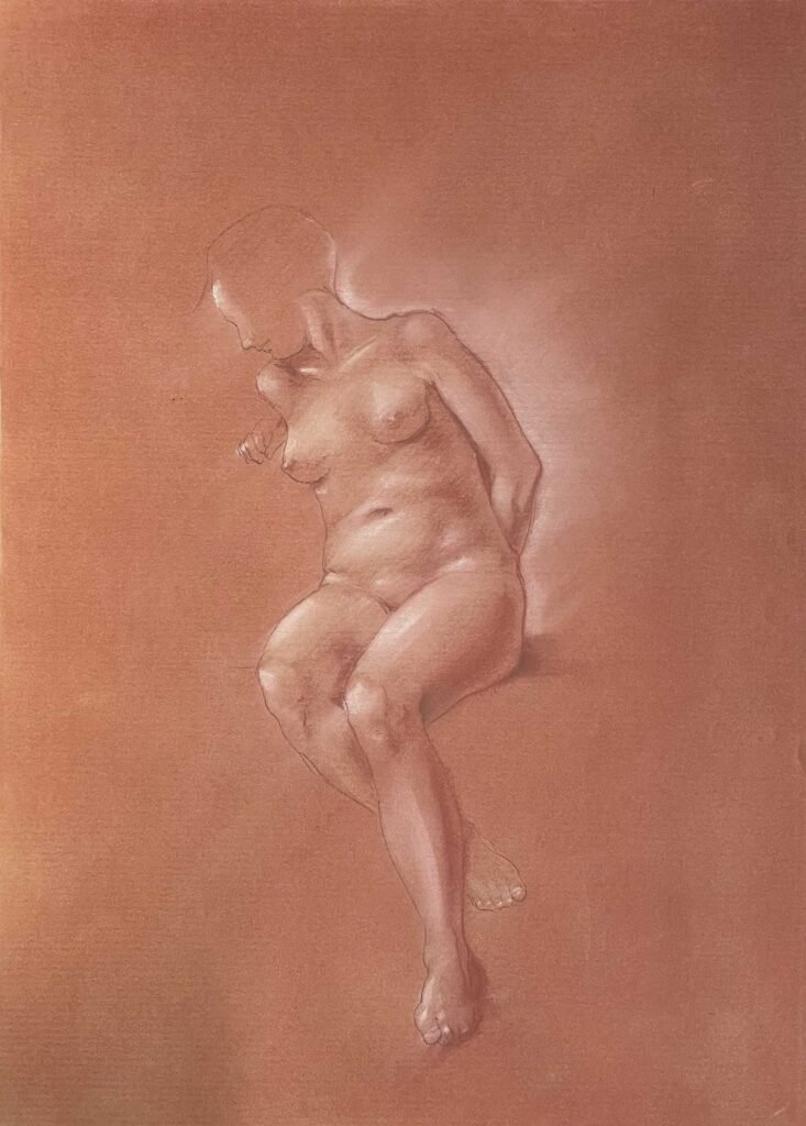 Reclining female nude drawing in red chalk by Dario Moschetta