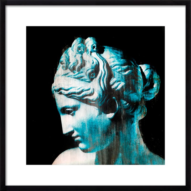 Cyan-toned reinterpretation of a Venus bust, modern classical print by Dario Moschetta