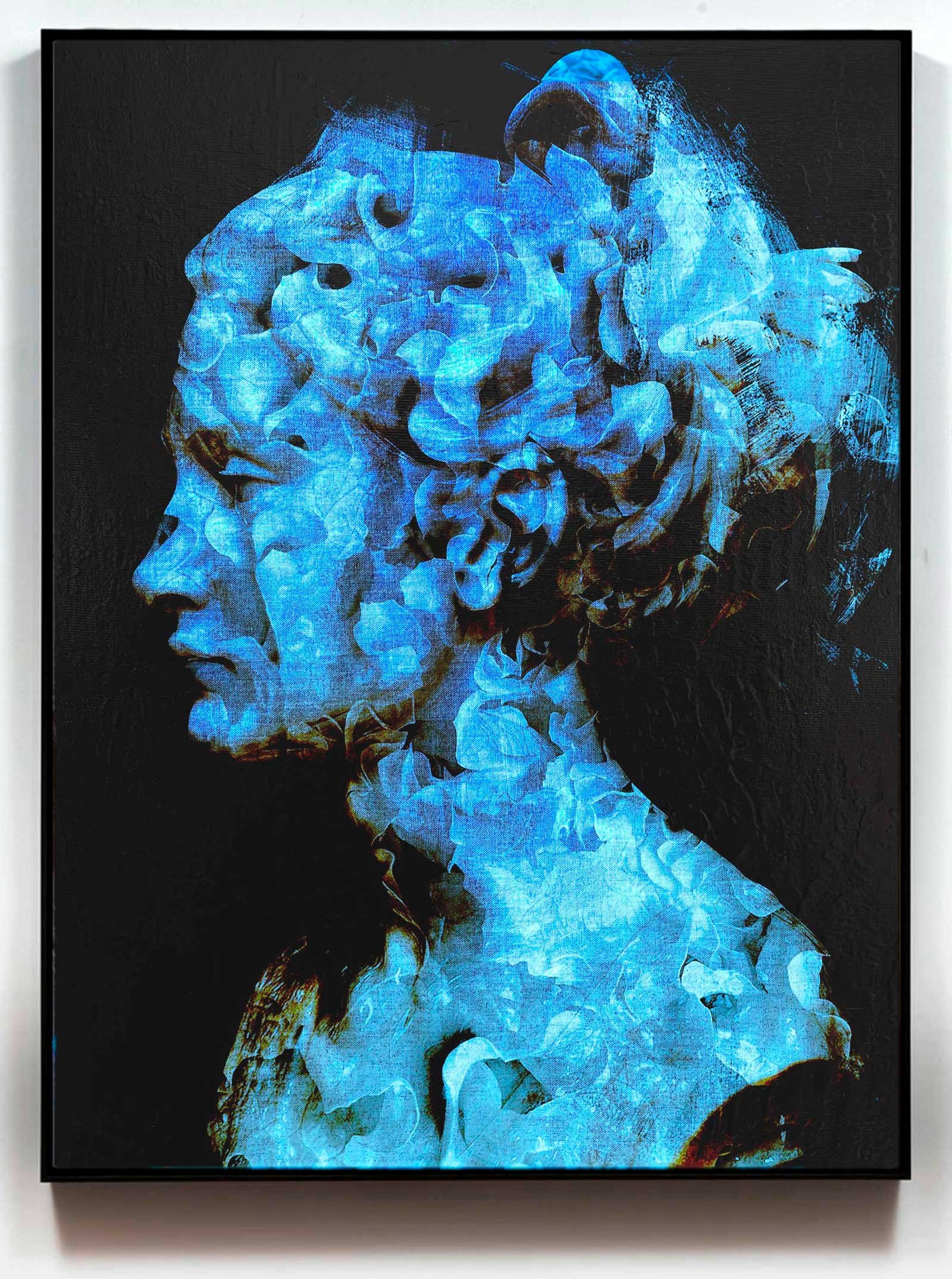 Mixed media portrait artwork titled Blooming Mind by Dario Moschetta, blue layered textures in contemporary style, exhibited on SaatchiArt.