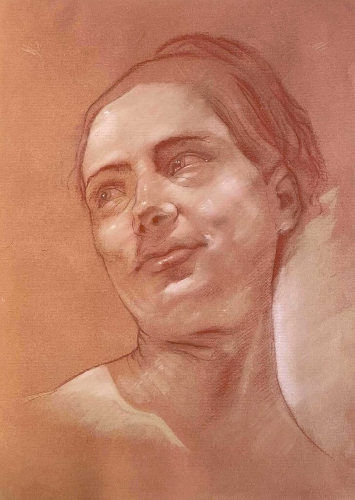 Classic female head profile drawing in red chalk on paper – by Dario Moschetta | Profilo testa femminile disegno a sanguigna | Dessin tête profil féminin | Dibujo perfil cabeza mujer | Kopfprofil-Zeichnung Frau