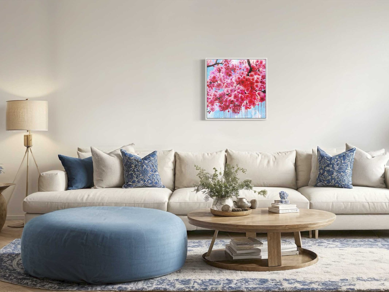 Vibrant floral artwork in pink and red tones, square-format mixed media painting by Dario Moschetta
