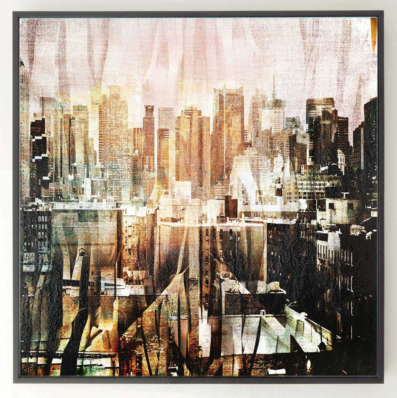 Bright skyline cityscape painting by Dario Moschetta with layered textures.