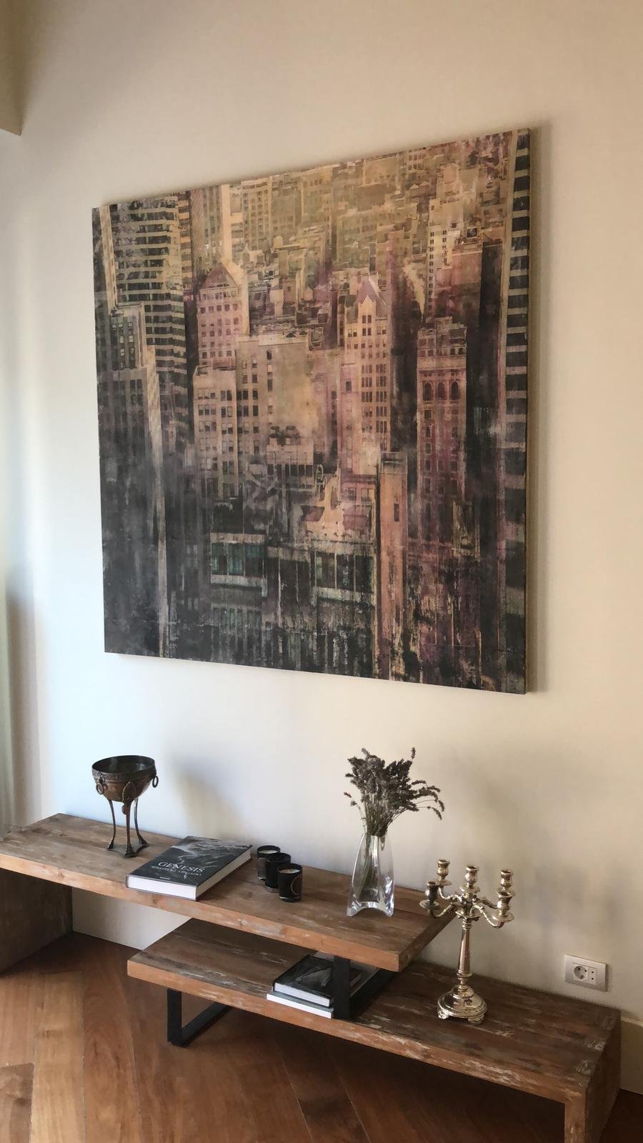 Cityscape artwork by Dario Moschetta installed in a private collector’s home.
