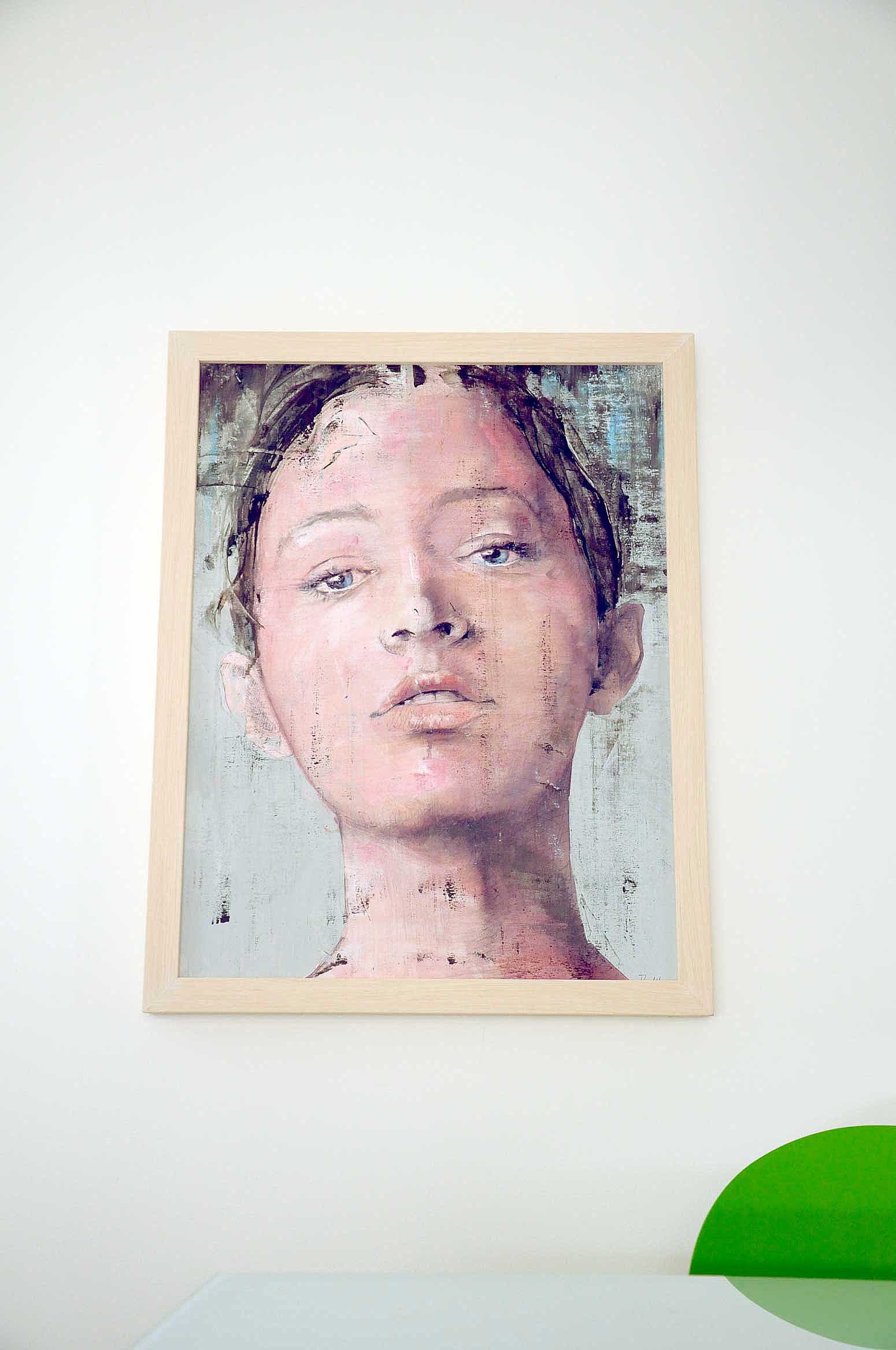 Abstract female portrait in pastel tones, with expressive surface textures and upward gaze by Dario Moschetta