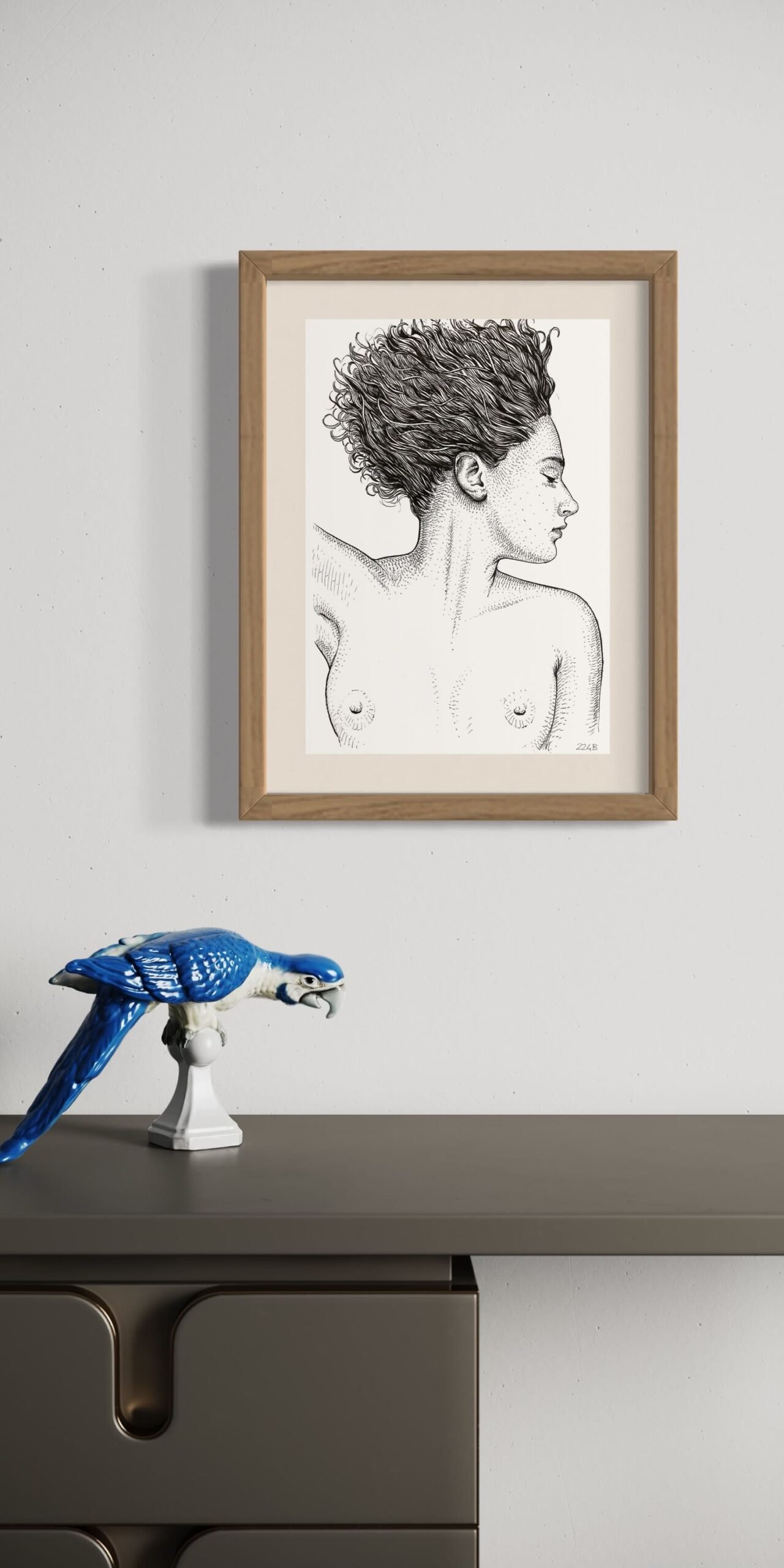 Ink drawing of a curly-haired woman in profile by Dario Moschetta