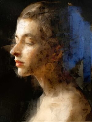 Portrait of a woman with closed eyes in warm light, original mixed media painting by Dario Moschetta