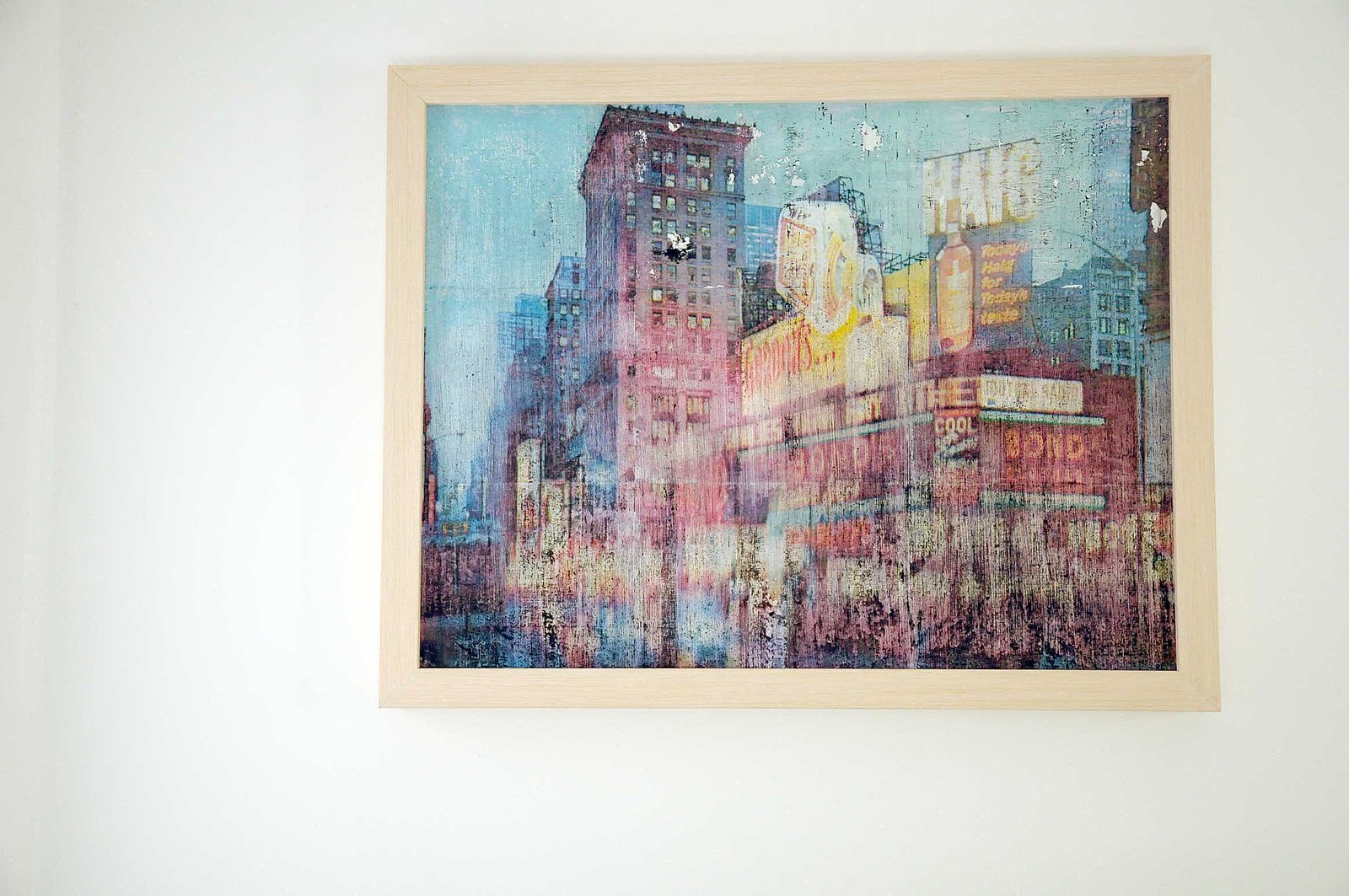 Cityscape mixed media painting with vintage textures and neon signs, artwork by Dario Moschetta