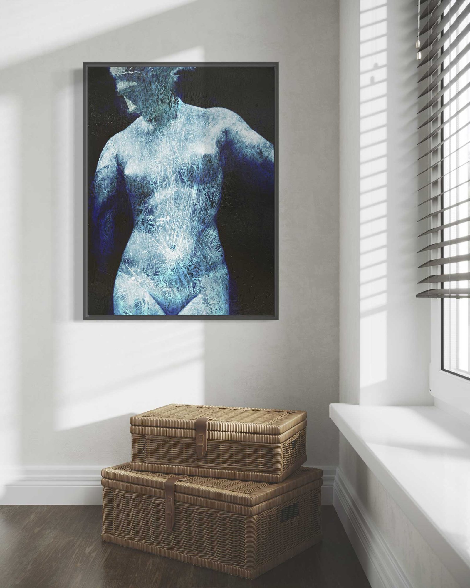 Blue-toned reinterpretation of classical female torso sculpture in mixed media, by Dario Moschetta