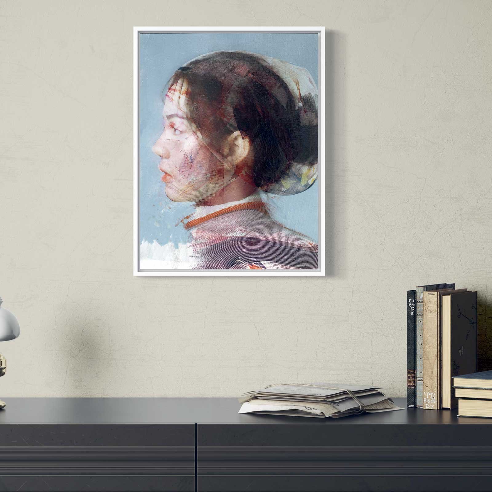 Stylized female portrait in profile with layered textures and soft blue background, by Dario Moschetta