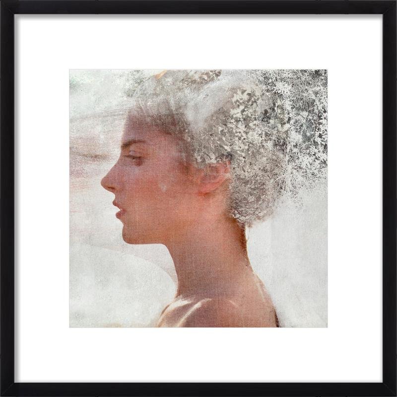 Gentle female profile emerging through soft white textures, fine art print