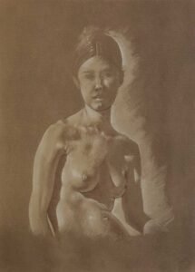 Female bust portrait on toned red paper by Dario Moschetta – drawn with sanguine, pencil and pastel | Ritratto busto donna su carta rossa | Portrait buste féminin | Retrato busto mujer | Weibliches Brustporträt